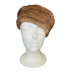 VTG Fur Pillbox Hat Chestnut SZ M Satin Lined Boho Grandma Chic Retro Hipster